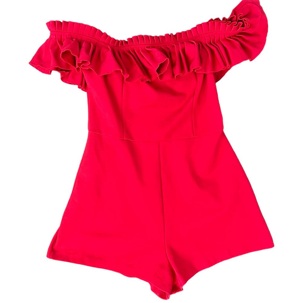 Urban Outfitters Cherry Red Rouge Off Shoulder Ruffle Heather Shorts Romper sz 2 - Picture 8 of 14